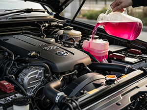 A mechanic pouring antifreeze into a radiator