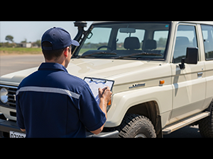 Man with checklist looking at Toyota Land Cruiser.
