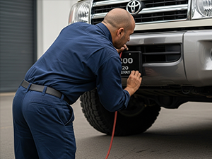 Mechanic inspecting a Toyota Land Cruiser